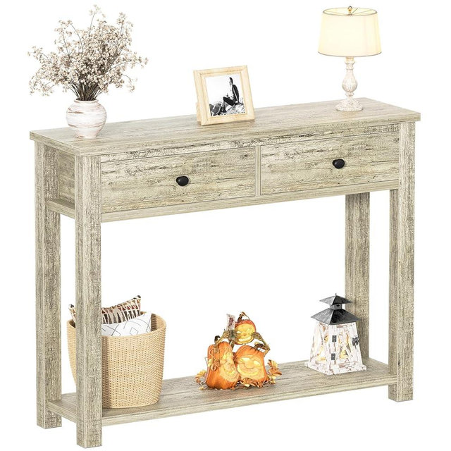 Homieasy Farmhouse Console Table with 2 Drawers, 32 Inch Small Sofa Table with Storage Shelf for Living Room, Behind Couch, Entryway Table for Hallway, Living Room, or Foyer, Light Rustic Oak