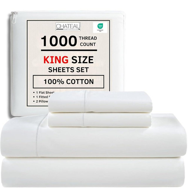 CHATEAU HOME COLLECTION 100% Cotton King Size Sheets Set - 1000 Thread Count Luxury Sateen Weave, Soft Breathable & Cooling, 15" King Sheets Deep Pocket - White