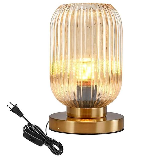 Auwieou Bedside Table Lamp Mid Century Glass Table Lamps Modern Globe Table lamp Gold Desk lamp nightstand lamp with Amber Pumpkin Design with Ribbed Glass Shade for Bedroom Living Room Office