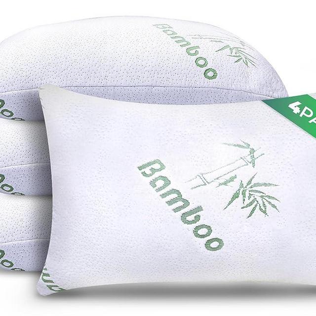 Memory Foam Pillows Queen Size Set of 4 - Cooling Bed Pillows for Sleeping - Back, Stomach & Side Sleeper Firm Pillow - Comfy Cool Shredded Memory Foam 4 Pack Queen Rayon Derived from Bamboo Pillows
