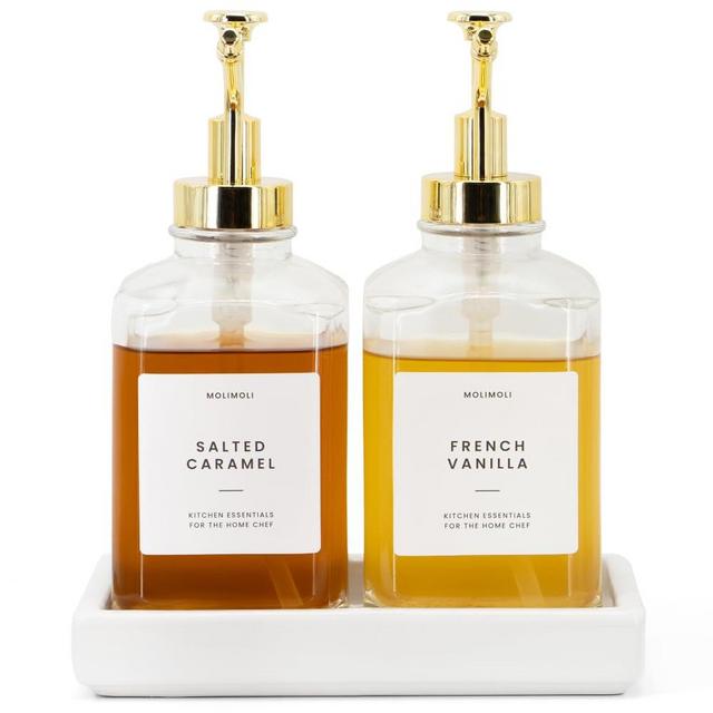 Molimoli Square Coffee Syrup Dispenser for Coffee Bar, Coffee Pump Dispenser, Glass Syrup Bottle w. Pump, 16.9 oz 500 ml, Set of 2, Gold Upgraded Pump