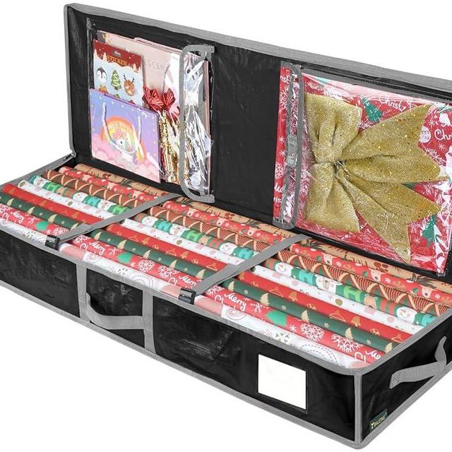 BALEINE SOFT Christmas Wrapping Paper Storage Bag, 40" Durable PE Gift Wrap Storage Bag with Flexible Partitions and Pockets for Ribbon, Accessories (Black)