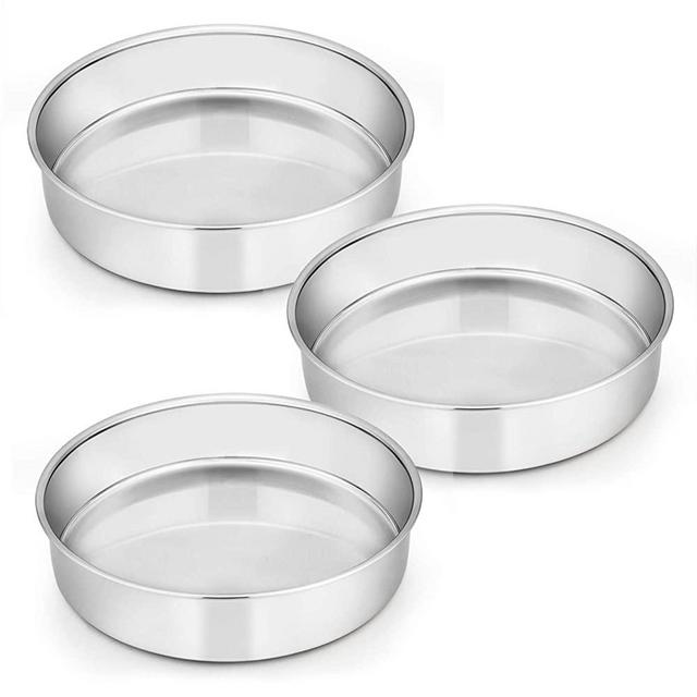 8 Inch Cake Pan Set of 3, E-far Stainless Steel Round Layer Cake Baking Pans, Non-Toxic & Healthy, Mirror Finish & Dishwasher Safe