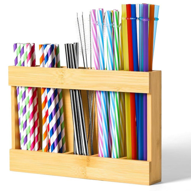 ZOBONETI Bamboo Straw Holder for Cabinet Door, Adhesive Straw Dispenser Organizer, Wooden Hanging Reusable Straw Storage