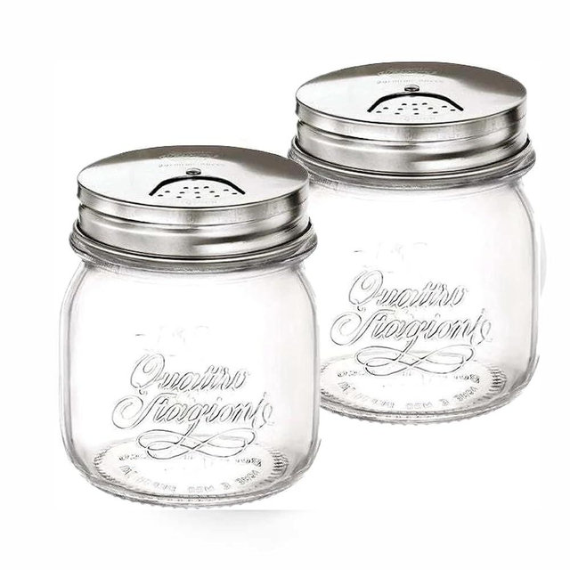 Bormioli Rocco Quattro Stagioni Spice Jar Set - 8.5 Oz, Durable Glass Mason Jars with Multi-Function Rotatable Lids, Stainless Steel Tops for Salt & Pepper - Made in Italy, Glass Spice Jars