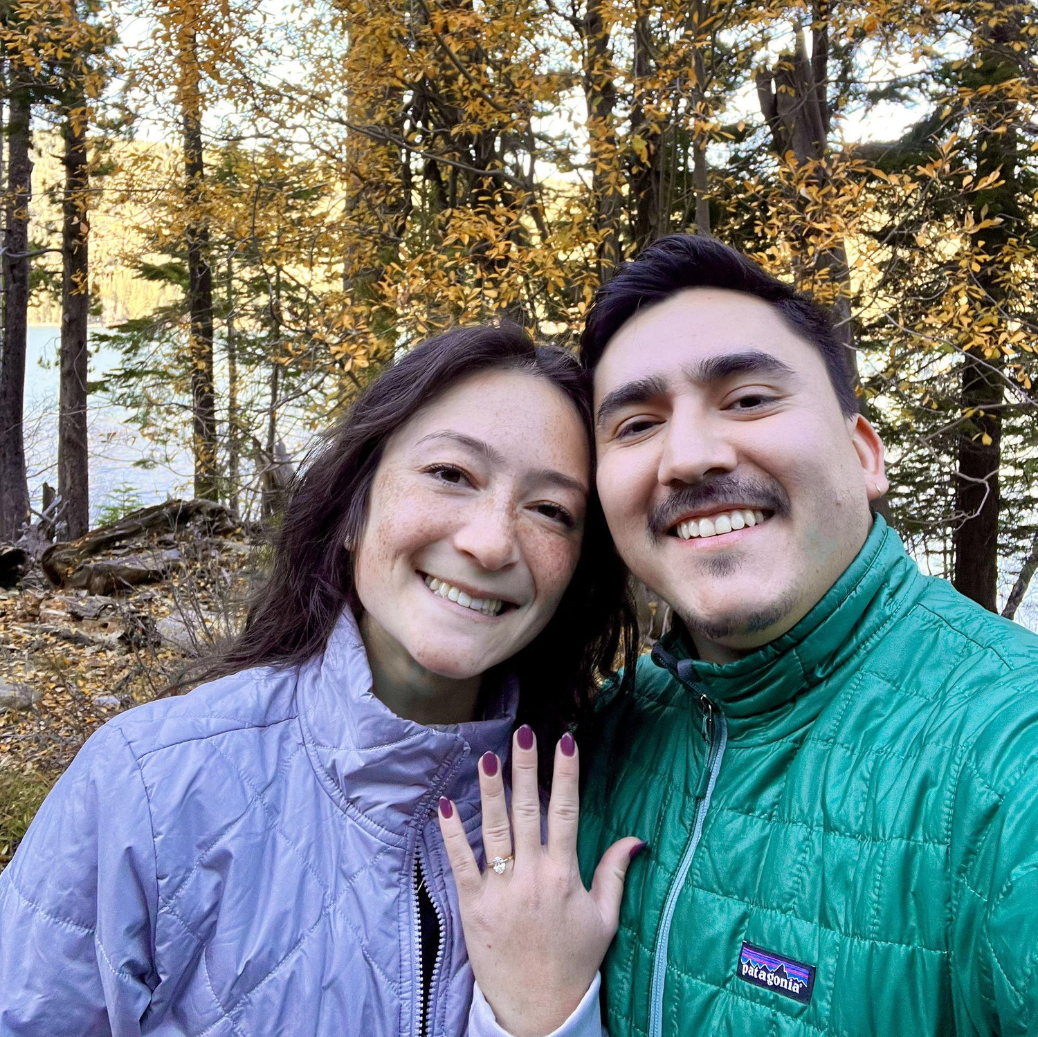 Jesus proposed among the fall trees surrounding Donner Lake. We took this photo to commemorate the proposal spot!