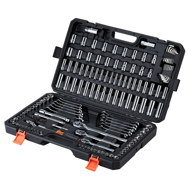 VEVOR Mechanics Tool Set, 159-Piece Mechanic Tool Kit, 1/4 in, 3/8 in, and 1/2 in Drive, SAE and Metric Socket Set, Wrenches, Screwdriver Bits,Black