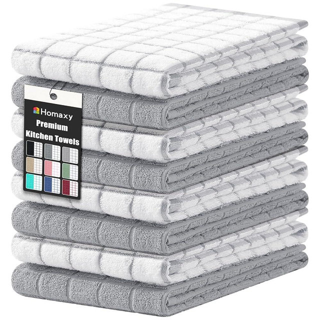 Homaxy Premium Cotton Kitchen Towels 16"x 28", Large Natural Ring Spun 390 GSM Dish Towels, Super Absorbent Terry Kitchen Hand Towels, Soft Tea Towels with Hanging Loop, Light Grey Check, 8 Pack