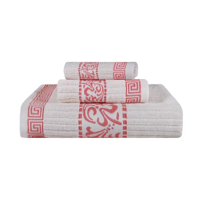 100% Cotton Medium Weight Floral Infinity Trim 3 Piece Bathroom Towel Set, Ivory-Grey - Blue Nile Mills