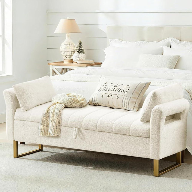 AEMEIOS 66'' King Size Storage Bench for Bedroom End of Bed, Bedroom Benches for Foot of Bed King with Gold Legs, Cream White Storage Ottoman Bench with Storage for Bedroom, Teddy