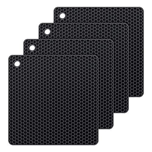 Silicone Hot Pads,Non Slip, Flexible, Durable Multi-Use Pot Holders, Trivets mat, Jar Opener, Spoon Rests,Garlic Peeler- Dishwasher Safe –FDA Approved- Set of 4 (Black)