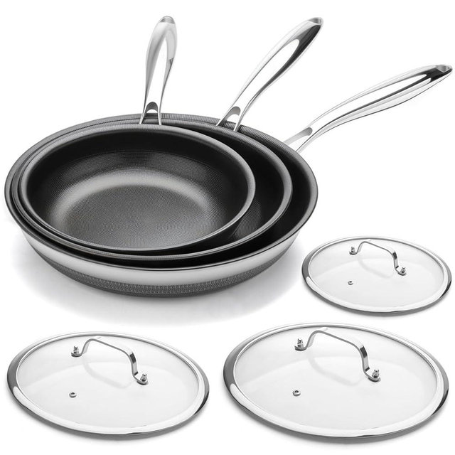 Nonstick Frying Pan Set with 3 Lids, 6 Piece Non-Toxic Titanium Ceramic Skillet, 8, 10 & 12 Inch Stainless Steel Pans, PFAS/PFOA/PTFE Free, Dishwasher & Oven Safe, All Cooktops Compatible