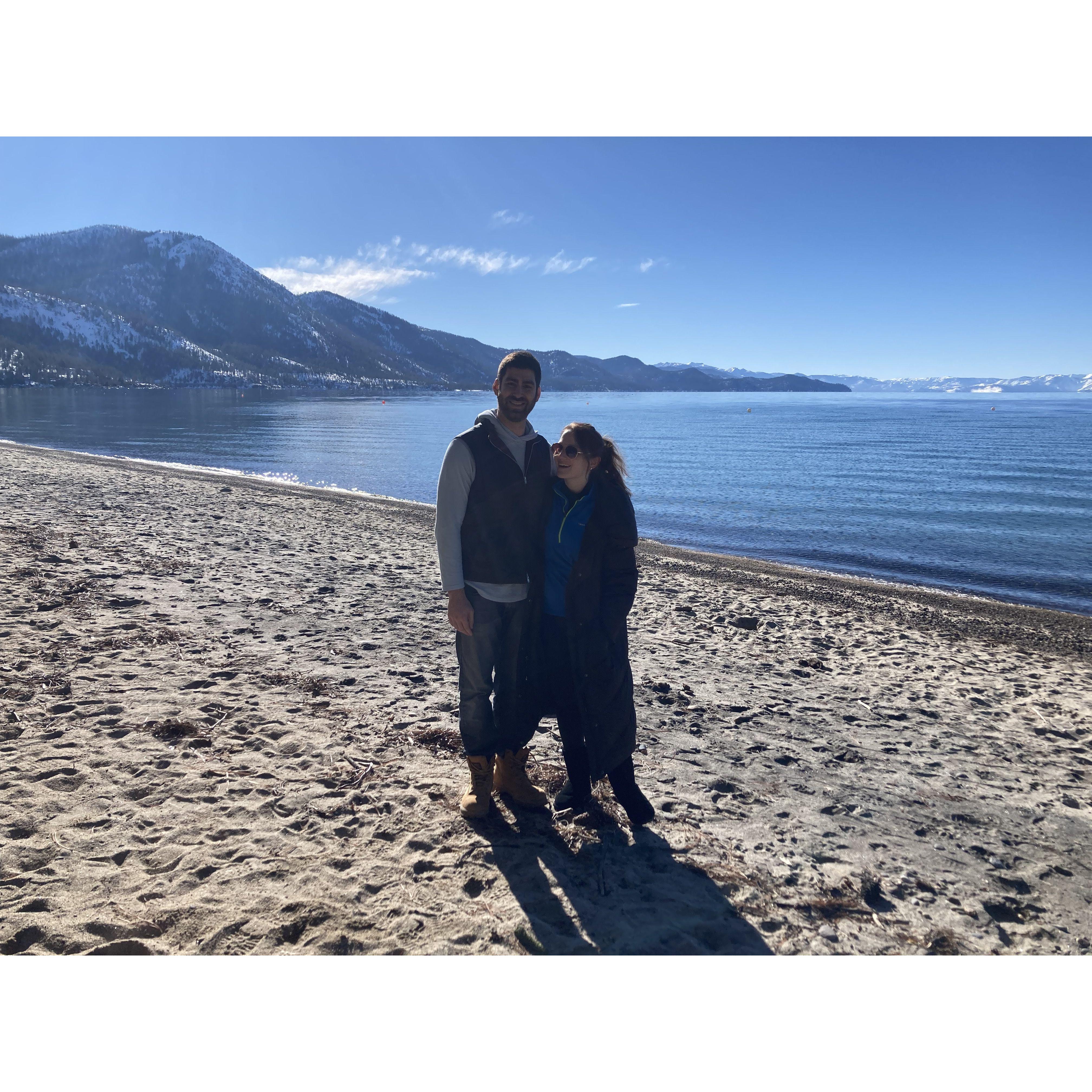 MaryKate's first time visiting Lake Tahoe on the very beach where they would later get engaged!