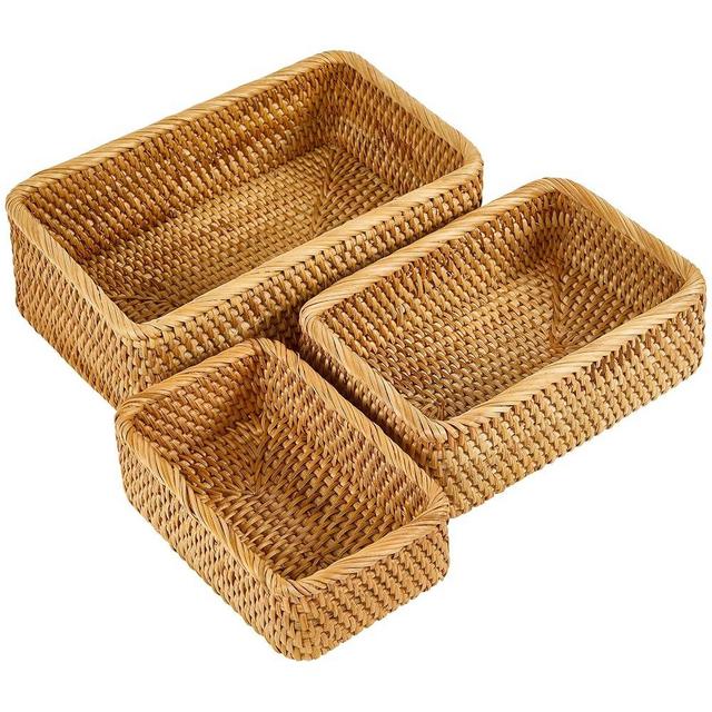 Whalehub Natural Rectangular Rattan Storage Baskets (Set of 3), Hand Woven Food and Fruit Serving Baskets, Wicker Organizer for Living Room, Bedroom, Kitchen