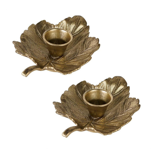 NIKKY HOME Gold Taper Candle Holders Set of 2, Vintage Leaf Shaped Metal Candlestick for Table Centerpieces, Wedding Decor and Dinner Party