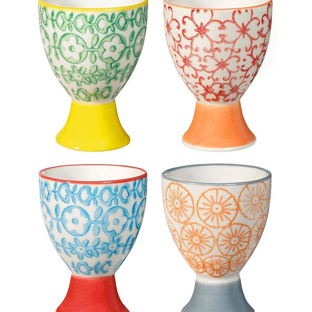 Nordring Egg Cups Carla with Pattern, Colorful, Stoneware, Set of 4 Styles, Handmade Stamp Decor