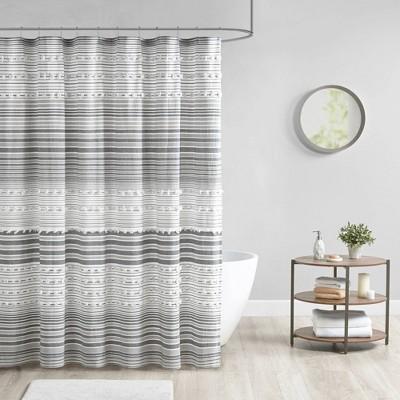 Corey Cotton Yarn Dye Shower Curtain with Pom Poms Gray