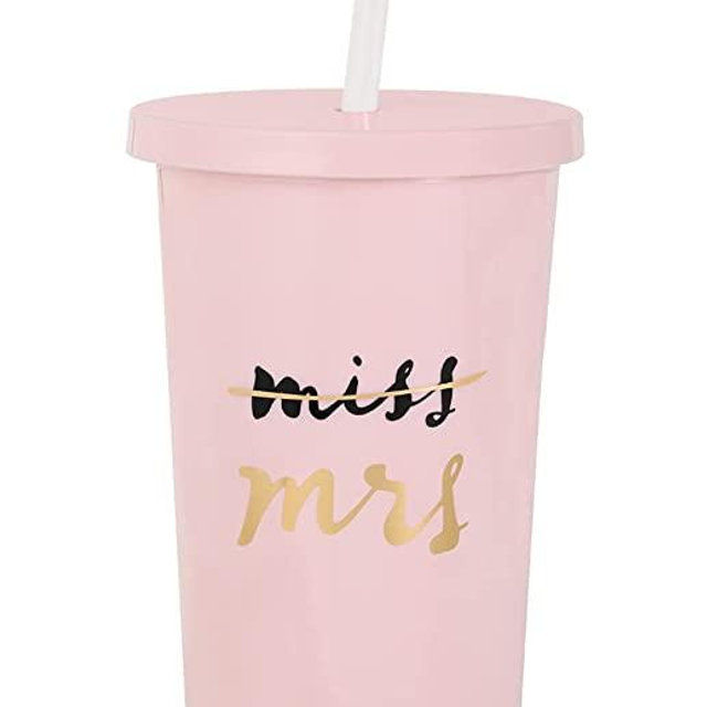 Kate Spade New York Acrylic Bridal Tumbler with Lid and Straw, 20 oz Tumbler for Bride to Be, Slim Double Wall Tumbler, Miss to Mrs. (Blush)
