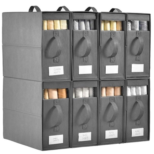Bed Sheet Organizers and Storage,8 Pack Linen Closet Organizers and Storage, Foldable Bedding Storage for Bedsheets, Duvet Covers and Pillow(Queen or King Size), Sheet Storage for Closet with Window