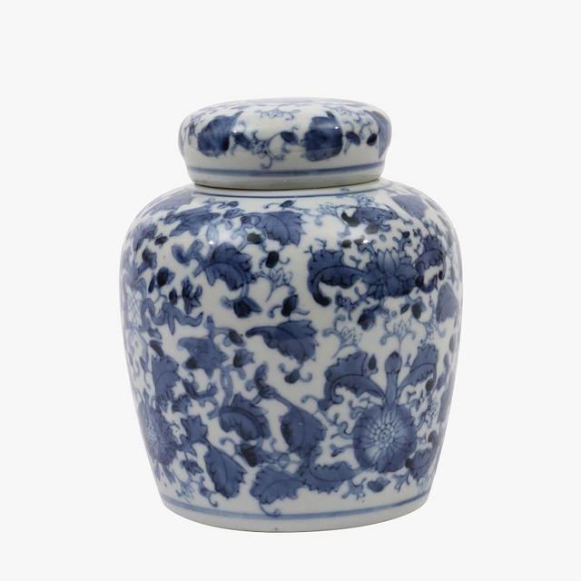 Ceramic Blue & White Jar With Lid, 7"H