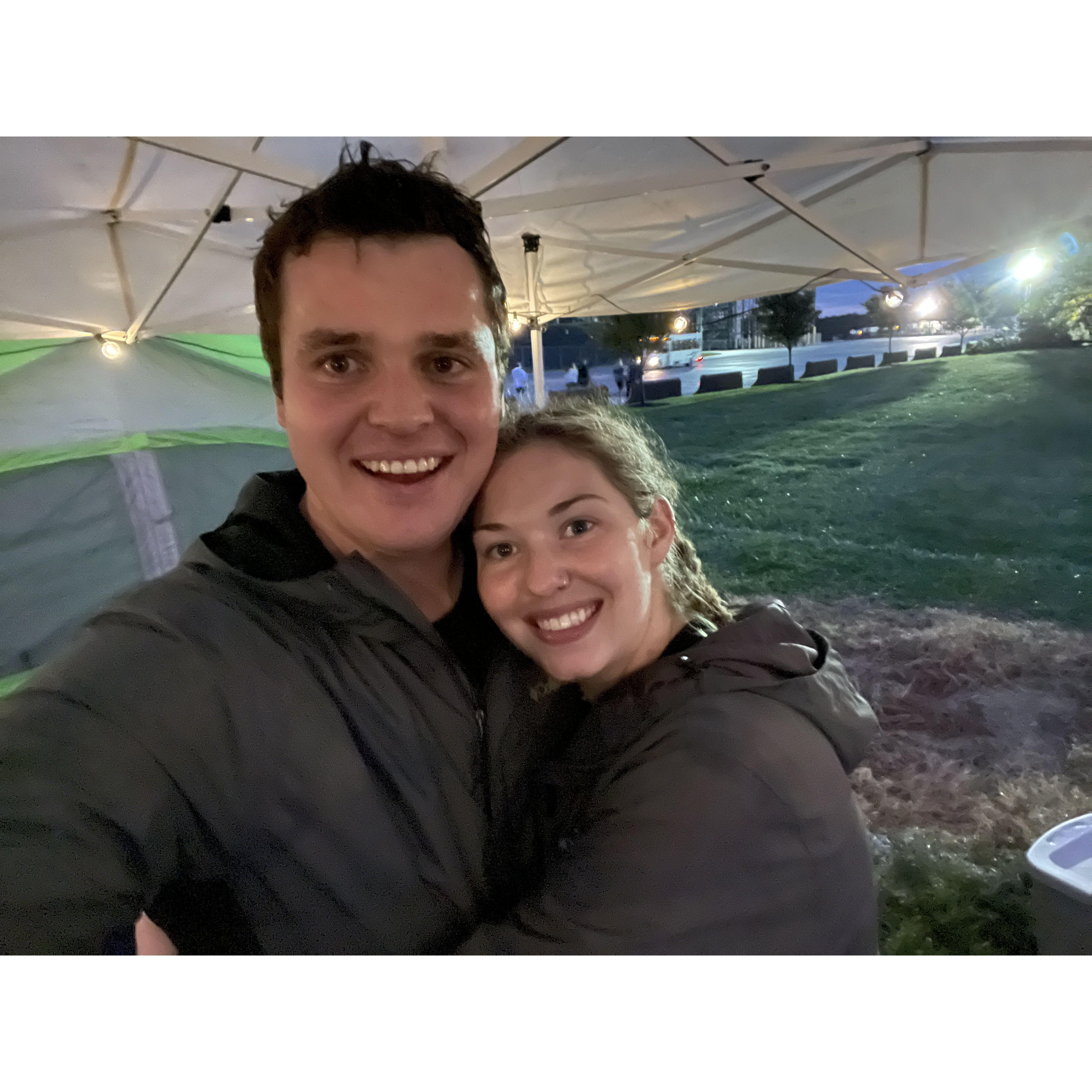 Setting up our campsite at Firefly 2021 in torrential downpour
