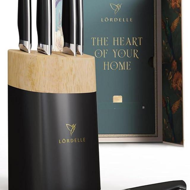 LORDELLE Knife Block Set - 5 Piece Set - Black Vintage Ink - Lifestyle Home Kitchen Design - German X50 Stainless Steel - ABS Handle - Ash Wood Block - Cooking Chef Knife, Santoku, Paring, Utility
