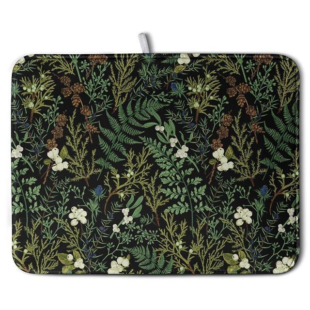 Black Sage Green Plant Dish Drying Mat for Kitchen Counter Vintage Botanic Fern Leaves Floral Dish Drainer Mats Absorbent Microfiber Dishes Pad Reusable Washable Large Dish Draining Mat 18x24 Inch