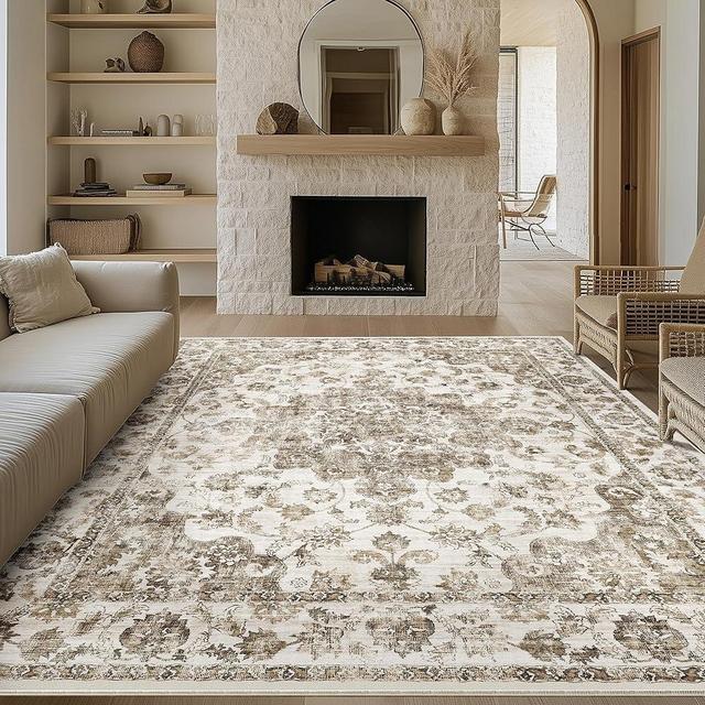 WondRg 6x9 Washable Neutral Area Rug Brown Floral Living Room Bedroom Large Carpet Non-Slip Low Pile Vintage Soft Thin Throw Rug for Dining Room Office Kitchen Bathroom Indoor