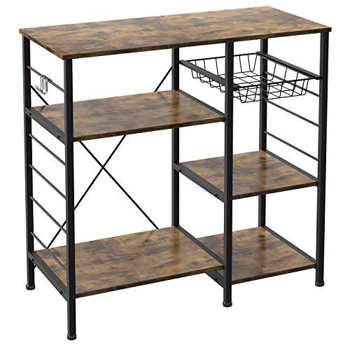 IRONCK Industrial Kitchen Baker’s Rack, Kitchen Island Utility Storage Shelf, Coffee Bar Microwave Stand with 6 Hooks, Metal Frame, Simple Assembly, Vintage Brown