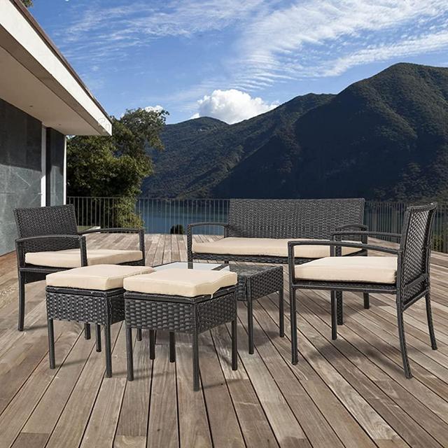 Patio Furniture Sets 6-Piece Outdoor Sectional Bistro Table Set with Seat Cushion Wicker Rattan Chair for Home Balcony Poolside (Black)