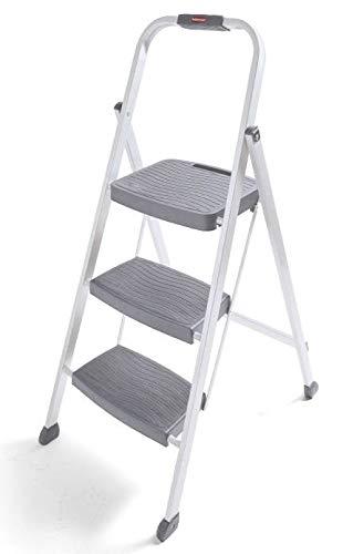 Rubbermaid RM-3W-2W Steel Frame 3-Step Folding Step-Stool with Hand Grip and Plastic Steps, 250-pound Capacity, White Finish