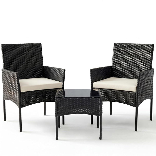 Sweetcrispy 3 Piece Patio Furniture Set, All-Weather Outdoor Conversation Set with Removable Cushions & Tempered Glass Table, Small Bistro Set for Balcony, Porch, Backyard, Deck, Black
