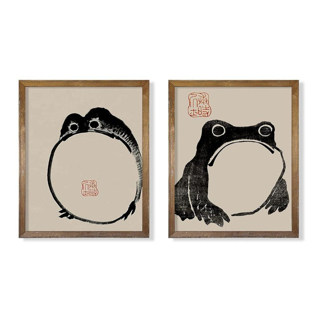 Japanese Frog Wall Art Decor - Japanese Matsumoto Hoji Poster Print - Vintage Japandi Pictures Set - Japan Decor - Wabi Sabi - Cute Funny Animal Poster for Bathroom Decor - Kids Room Decor - Gifts