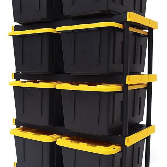 CX Black & Yellow®, Shelving Unit and Heavy Duty Storage Containers, Extremely Durable® (Shelf + 27 Gallon Container (4-Pack))