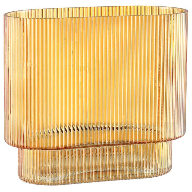 YANWE1 Ribbed Glass Vase, Amber Glass Vase, Flower Vase, Fluted Glass Vase, Ribbed Flower Vase, Amber Vase, Modern Vase for Living Room, Dining Room, Bathroom, Desk, Shelf, Wedding, Office, 7 Inches