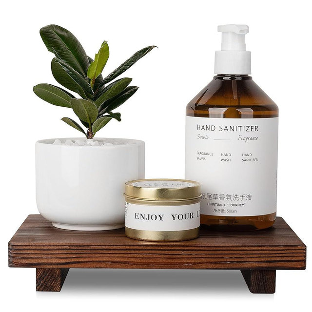 Bathroom Counter Organizer Wood Pedestal Stand Farmhouse Decorative Tray Soap Holder for Kitchen Decor, 9" x 6" - Dark Brown
