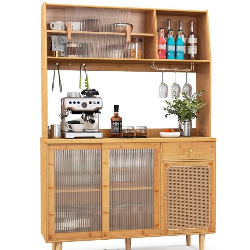 Giantex Pantry Cabinet, 69" Bamboo Hutch Cabinet with Storage, Drawer, Microwave Countertop, Glass Holder, Freestanding Buffet Sideboard with Rattan Door Cabinet, Tall Cupboard for Kitchen Coffee Bar