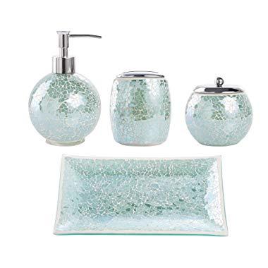 Whole Housewares Bathroom Accessories Set, 4-Piece Glass Mosaic Bath Accessory Completes with Lotion Dispenser/Soap Pump, Cotton Jar, Vanity Tray, Toothbrush Holder