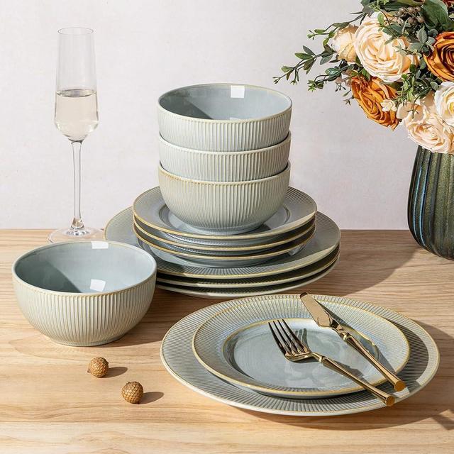 TheTerra Stoneware Dinnerware Sets for 4, 12 Pieces Ceramic Plates and Bowls Sets, Scratch Resistant Embossed Dish Set, Oven, Microwave & Dishwasher Safe, Desert Sage