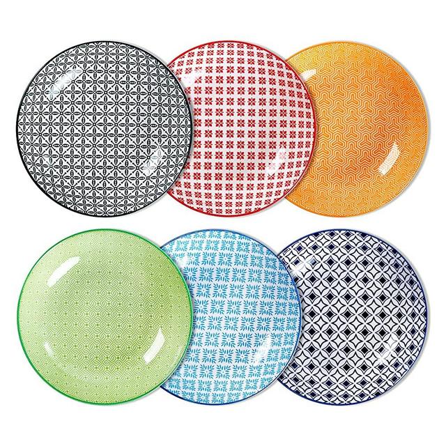 Porcelain Salad Pasta Bowls Set of 6, Wide and Shallow Ceramic Serving Bowls, Large 30 Ounce Deep Pasta Plates for Soup, Microwave and Dishwasher Safe