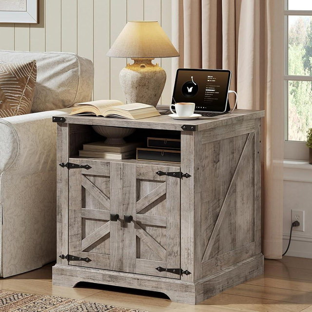 HOOBRO Farmhouse End Table with Charging Station, 23.6" Large End Tables for Living Room, Sofa Side Table with Barn Door, Wooden Square Nightstand Bedside Table, Flip Top, Greige GY601UBZ01