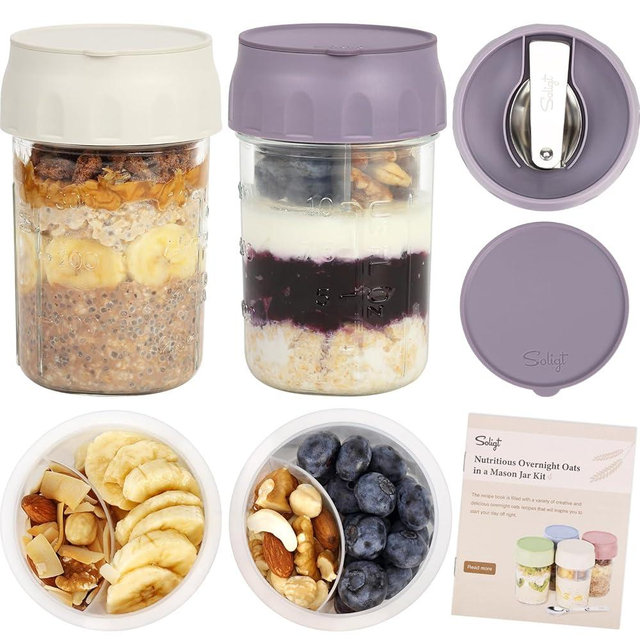 SOLIGT 2 Pack Overnight Oats Containers with Lids, Folding Spoons and Divided Compartments for Fruit & Nuts, Small Glass 16oz Mason Jars for Oatmeal Yogurt Parfait