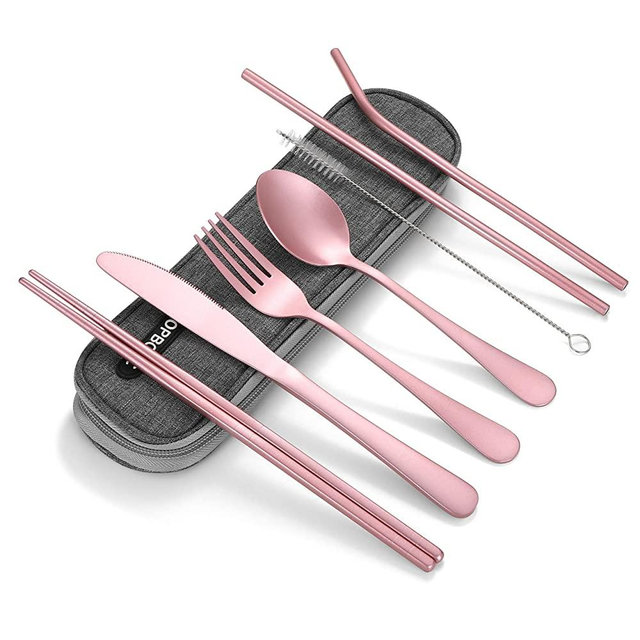 Portable Stainless Steel Flatware Set, Travel Camping Cutlery Set, Portable Utensil Travel Silverware Dinnerware Set with a Waterproof Case (Pink)