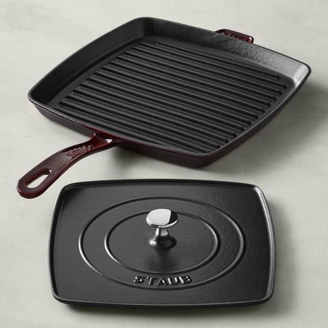 Staub Enameled Cast Iron Grill Pan & Press, 12", Grenadine