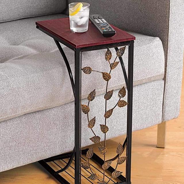 Sofa Side and End Table, Small - Metal, Dark Brown Wood Top With Leaf Design - Perfect for Your Living Room, Slides Up To Sofa / Chair / Recliner - Keep Snacks, Drinks Books & Phone At Easy Reach