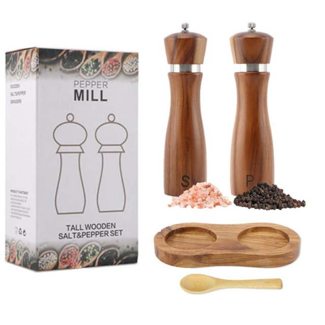 Wooden Salt and Pepper Grinder Set Shakers with Ceramic Core Adjustable Coarseness Manual Adjustable Coarseness 8“ Tall Grinders molinillo de sal y pimienta