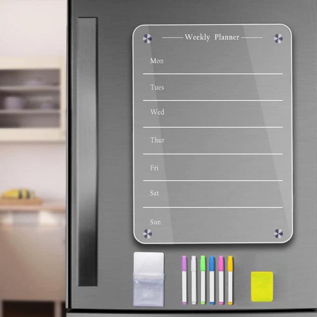 9"x13" Clear Weekly Meal Planner Magnetic Acrylic Board,Acrylic Magnetic Dry Erase Board for Fridge, Magnet Week Calendar for Refrigerator Includes 6 Colors Markers and Pen Container