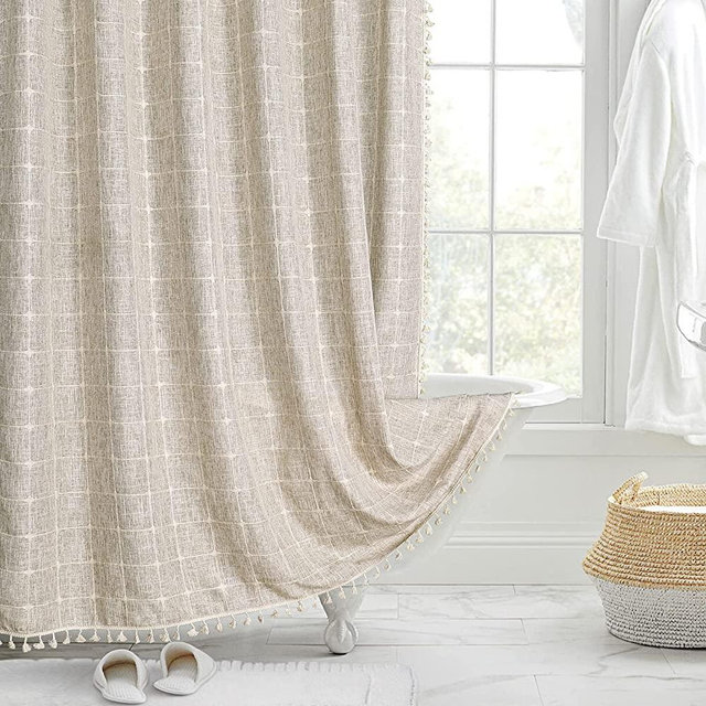 MitoVilla Boho Extra Long Shower Curtain 72 x 84, Modern Farmhouse 84 inch XL Rustic Cotton Linen Tassel Heavy Duty Shower Curtain Set with Hooks for Cottagecore Country Bathroom Decor, Tan Brown