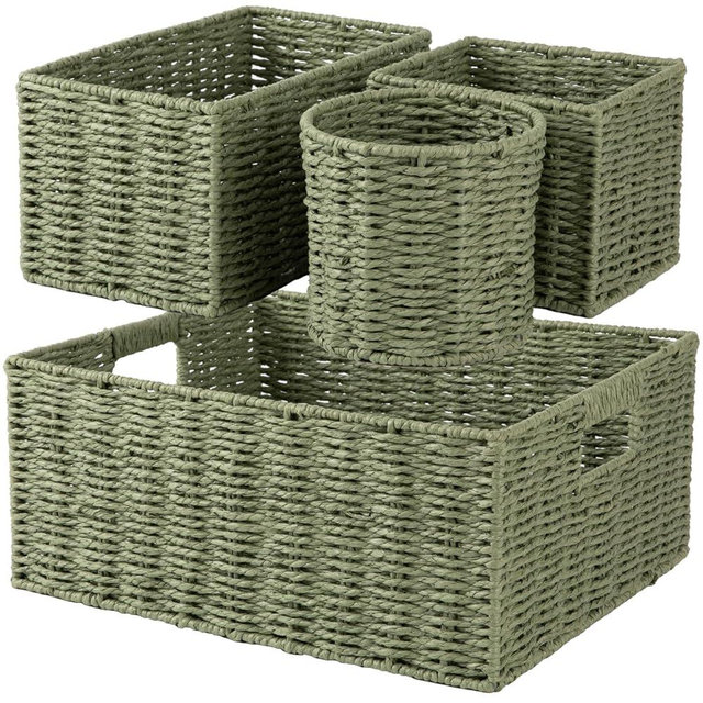 OIAHOMY Wicker Baskets for Organizing, Large and Small Shelf Baskets Set, Handwoven Bins for Storage,Paper Rope Home Organizers, Set of 4-Green