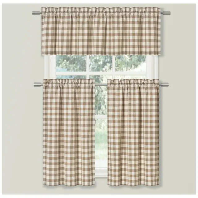 Kate Aurora Country Farmhouse Plaid Checkered Gingham 3 Pc Kitchen Curtain Tier & Valance Set - 58 in. W x 36 in. L, Toast